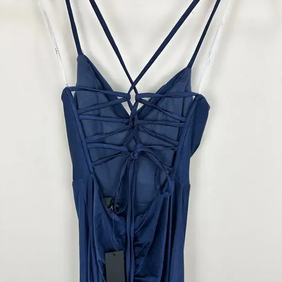Lulus Iconic Allure Navy Blue Cowl Neck Lace Up Ruched Maxi Dress Stretch XS NWT - Picture 9 of 13